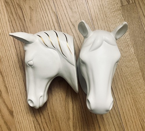 White Ceramic Horse Head Wall Mount Gold Mane Details Equestrian … Two Available - Picture 3 of 17