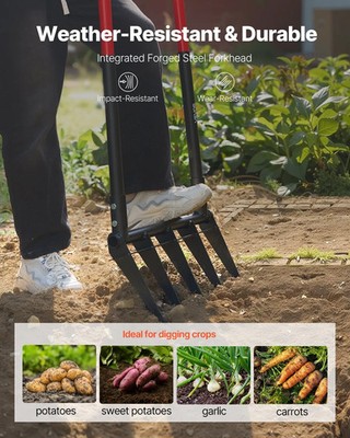 Broad Fork, 5-Tine Pitchfork with Dual Fiberglass Handles, Heavy Duty Garden Fo