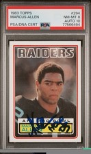 1983 Topps Autographed Marcus Allen Rookie Card HOF 03 RC PSA 8 AUTO 10 77566494. rookie card picture