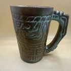 FRANKOMA Mayan Aztec Brown Grand 5" Pottey Mug Embossd Prairie Green 12 oz