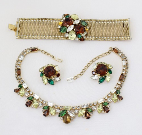 Hobe Rhinestones Neckace Bracelet Earrings Set Parure; Golden Age of Glam