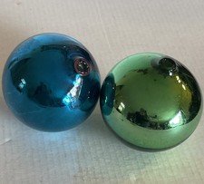2 Vintage 4" Handblown Glass Globe Gazing Ball Opaque Sphere Blue + Green
