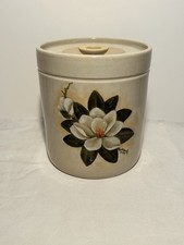 VTG Shaker & Thangs Pottery Marshall TX. Magnolia Floral Canister W/Lid Signed 