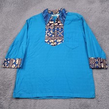 Vintage 70s Penneys Hawaiian Shirt Blue Barkcloth 3/4 Sleeve Aloha Boho Large