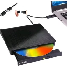 Laurensory Portable External CD/DVD +/-RW Drive Burner USB 3.0 + USB-C Adapter