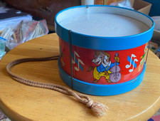 Vintage-Ohio Art Multicolor Metal Drum-Animals Playing Instruments Theme w/Cord