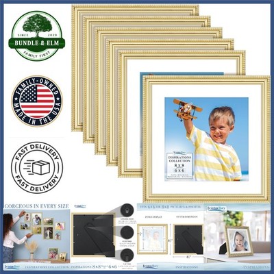 8x8 Square Picture Frames for 6x6 Photos in Gold - 6 Pack with Removable Mats