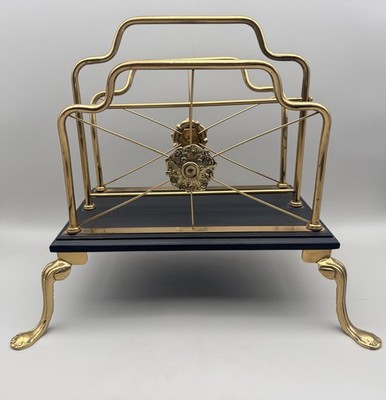 Vintage Brass Magazine Rack Black Wood Base Queen Anne Feet Hollywood Regency