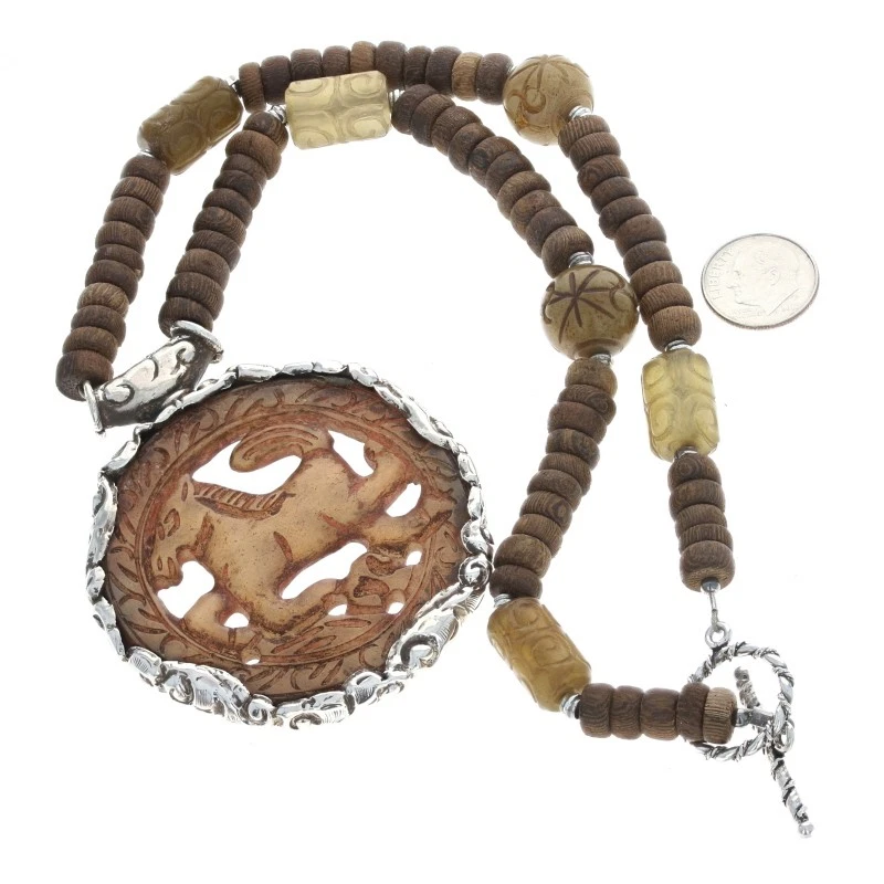Sterling Serpentine & Wood Horse Medallion Necklace 18 1/2" 925 Beads Equestrian Foto 3 de 4