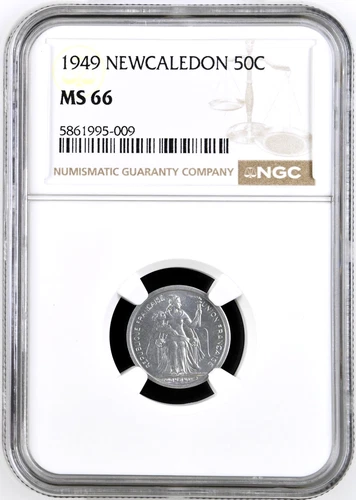 1949 New Caledonia 50 Centimes Union Française Aluminium Coin NGC MS 66