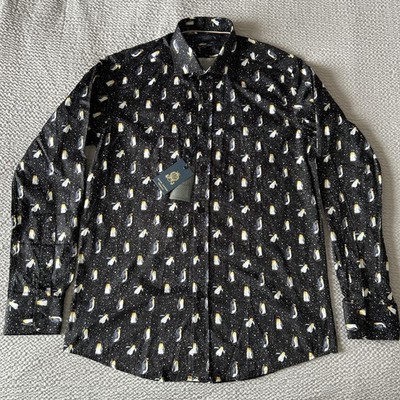 Guide London Pinguin Muster Shirt Gr. Medium Premium Pure Cotton Langarm