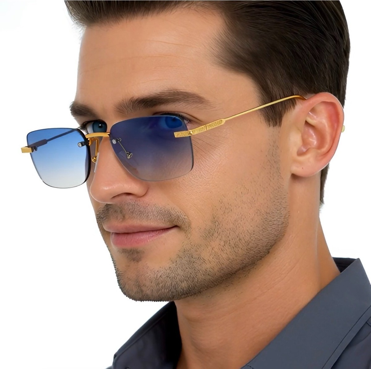 Retro Rimless Rectangle Sunglasses Gold Metal Tinted Lens UV400 Protection Light Gold Wide Rectangle Rimless Tinted Sunglasses with  main image 4