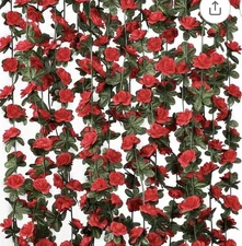 KHOYIME 8 Pack 80 FT Artificial Garland Red Roses Vines Silk  2.5 " Large Flower