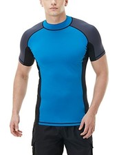 Tesla Men's UPF 50 Swim Wear Swim Tee Rashguard Top in Blue Black Gray Size M