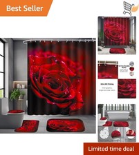 Shower Curtain Set Red Rose Bathroom Decor 4 Pieces Waterproof Moldproof