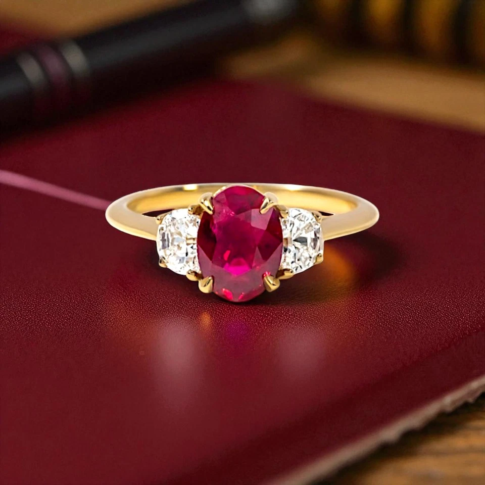 2.00 Ct Lab Created Diamond Ruby Gemstone Ring Oval Cut Solid 14K Yellow Gold - Image 3 of 4