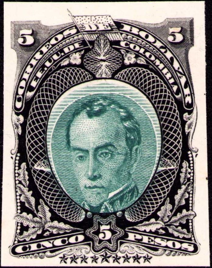 COLOMBIA - BOLIVAR - 5p ESSAY - PROOF - BLACK & GREEN - 1882 RRR