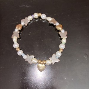 Authentic Faux Pearl, Silver, Gold Plated Beaded Bracelet w/ Hearts & Butterflies 7 Inches