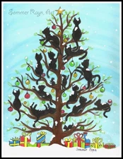 Black Shadow cats climbing in a decorated Christmas tree, notecard #608