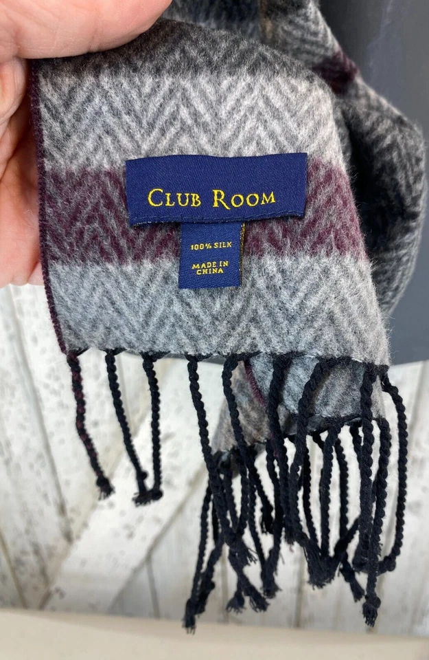 Bufanda chal cálida de invierno 100 % seda a cuadros gris granate unisex Club Room para hombre Foto 3 de 4