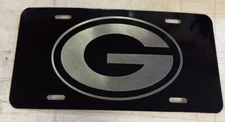 Green Bay Packers Logo Car Tag Diamond Etched on Black Aluminum License Plate