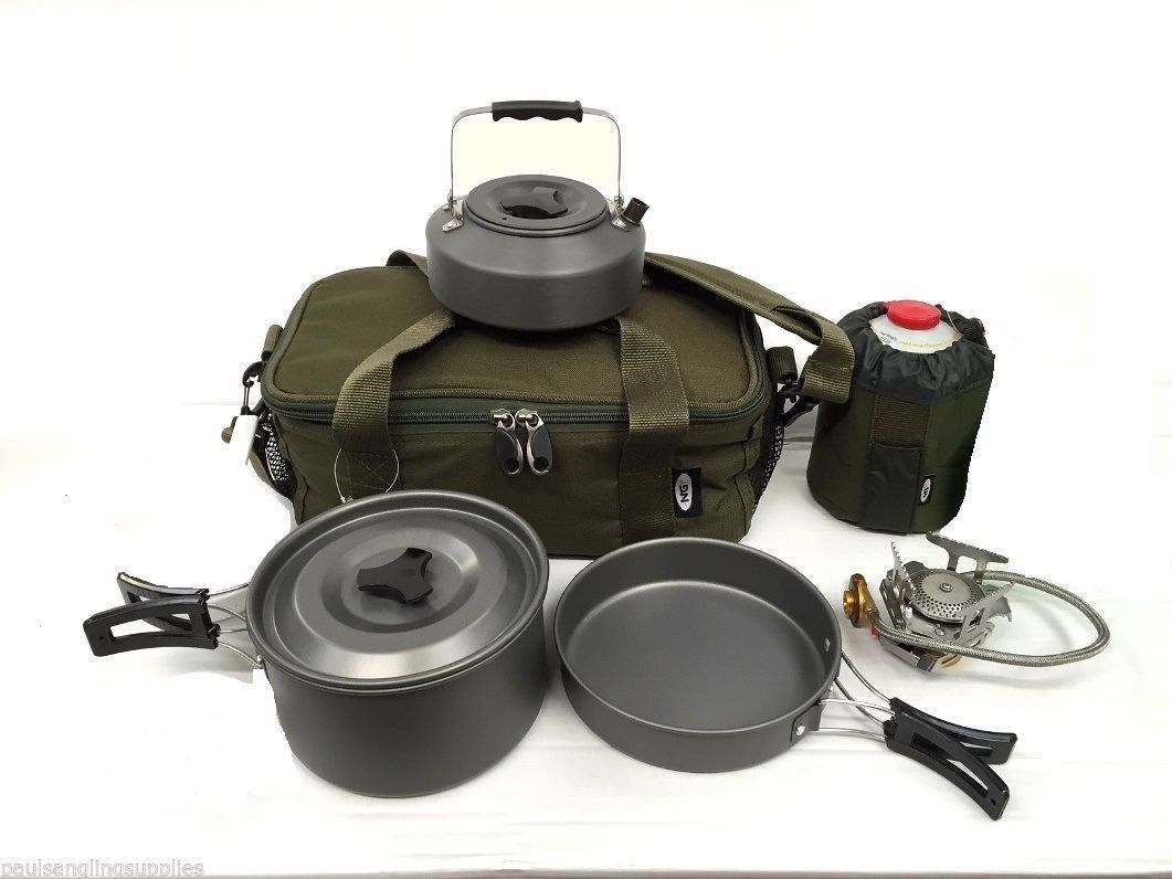 Fishing Camping Cook Kit Set Bag Kettle Gas, Stove, Frying Pan,Cooking Caldron