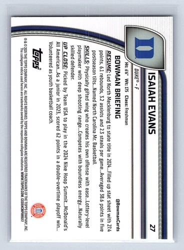 ISAIAH EVANS 2024 Bowman University Chrome 1st #27 X-FRACTOR  - Picture 2 of 2
