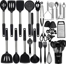 Silicone Cooking Tool Set, 35 Piece Kitchen Utensils, Stainless Steel Handles