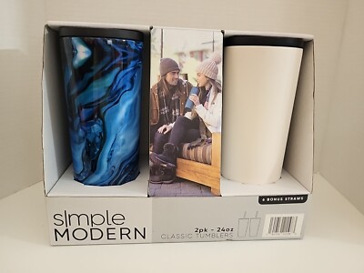Simple Modern Stainless Steel 24oz Tumbler Set White & Ocean W/ 6 Bonus Straws