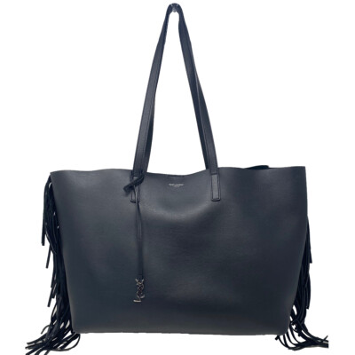 YSL Yves Saint Laurent Fringe Black Leather Tote Handbag