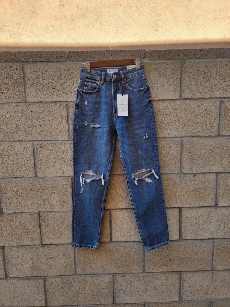 Zara Classic Mom High Rise Ripped Medium Blue Wash Jeans Womens