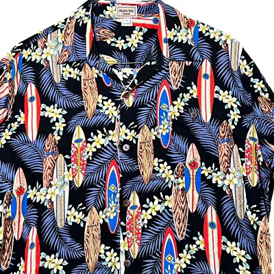Aloha Hut Hawaiian Shirt Mens Size XL Black Surf Boards Surfers Rayon Vintage