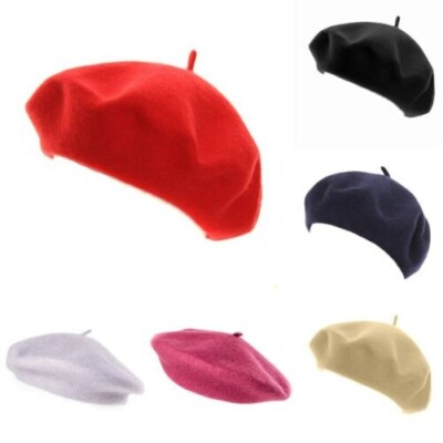 Women's Coloured Beret 100% Wool Felt Hat Vtg Style One Size Red