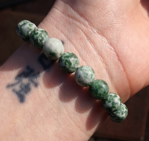 Green Spot Jasper Bead Stretch Bracelet, 8mm Natural Stone Beaded Boho Bracelet - Picture 3 of 10