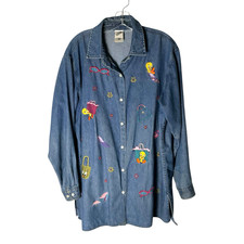 Warner Bros Studio Store Tweety Shirt Denim Embroidered Blue Large Vintage