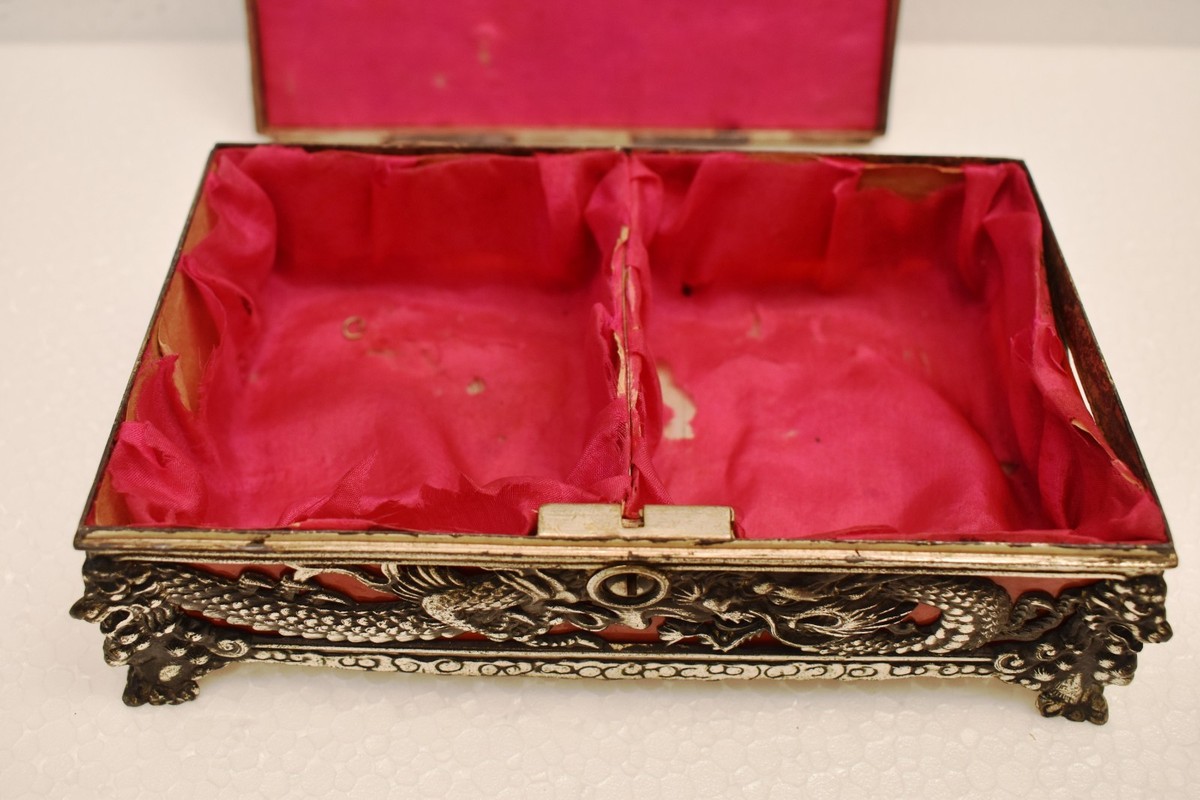 Vintage Occupied Japan Dragon Trinket Box Ornate Metal Red Lined
