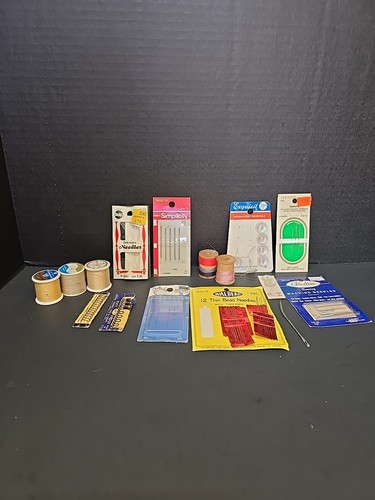 Vintage Lot of Sewing Notions Wood Spool Needles Buttons Hooks Eyes Prym Walbead - Picture 2 of 21