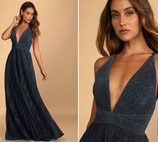 Lulus Especially Stunning Blue Glitter Pleated Maxi Gown Deep V Strappy Back XL