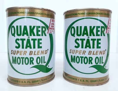 Quaker State Super Blend Motor Oil Vintage Metal Cans Full 1-Quart Lot of 2