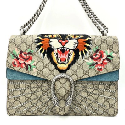 Gucci Dionysus Angry Cat Chain Shoulder Bag GG Supreme Embroidery Blue 400249