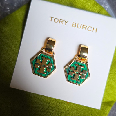 Tory Burch Green Gold Tone Hexagon Enamel Stud Earrings Butterfly Back