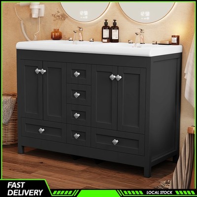 Modern 47 Inch Black Freestanding Bathroom Vanity Double Ceramic Sinks 5 Drawers
