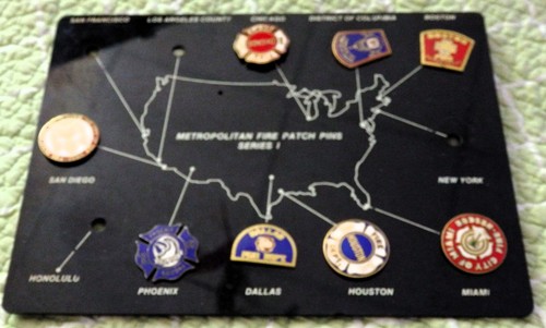 Rare Metropolitan Fire Patch Pins Series 1 Board with 8 Pins: Dallas/DC/Miami +