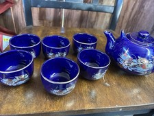 Japanese Traditional Blue Floral Porcelain Teapot with 6 Cups Complete Tea Set