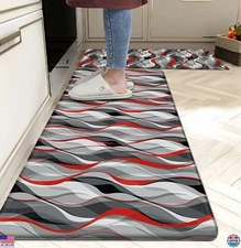 Grey & Red Stripe Anti-Fatigue Kitchen Mats - Set of 2 Non-Skid Waterproof Rugs