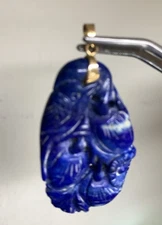 VINTAGE ESTATE CARVED UNDYED LAPIS LAZULI  14K GOLD PENDANT 79x37m 27g