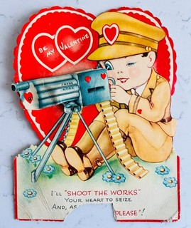 Biglietto San Valentino Vintage Patriottico WW2 Mitragliatrice Militare "Popping" Rumoremaker