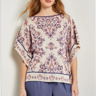 Misook Soft Jacquard Knit Pullover Cape Top Blue Pink Women's S/M NEW