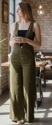 Free People Old School Love olive corduroy overalls Women 29 Wide Leg (READ)