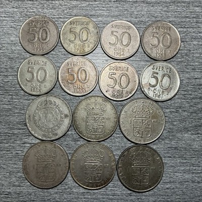 Lot Of 14 Sweden Silver Coins 50 Ore 1 Krona 1949-1968 Read Description 